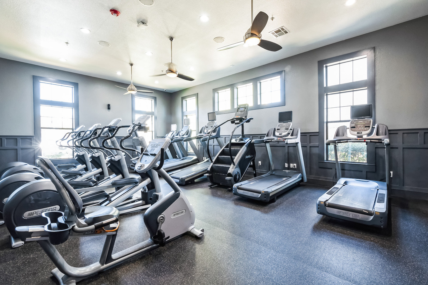 A bright gym room in TAMU off campus housing features several treadmills and elliptical machines lined up next to large windows. Ceiling fans and recessed lighting add comfort, while the floor boasts a smooth, dark finish.