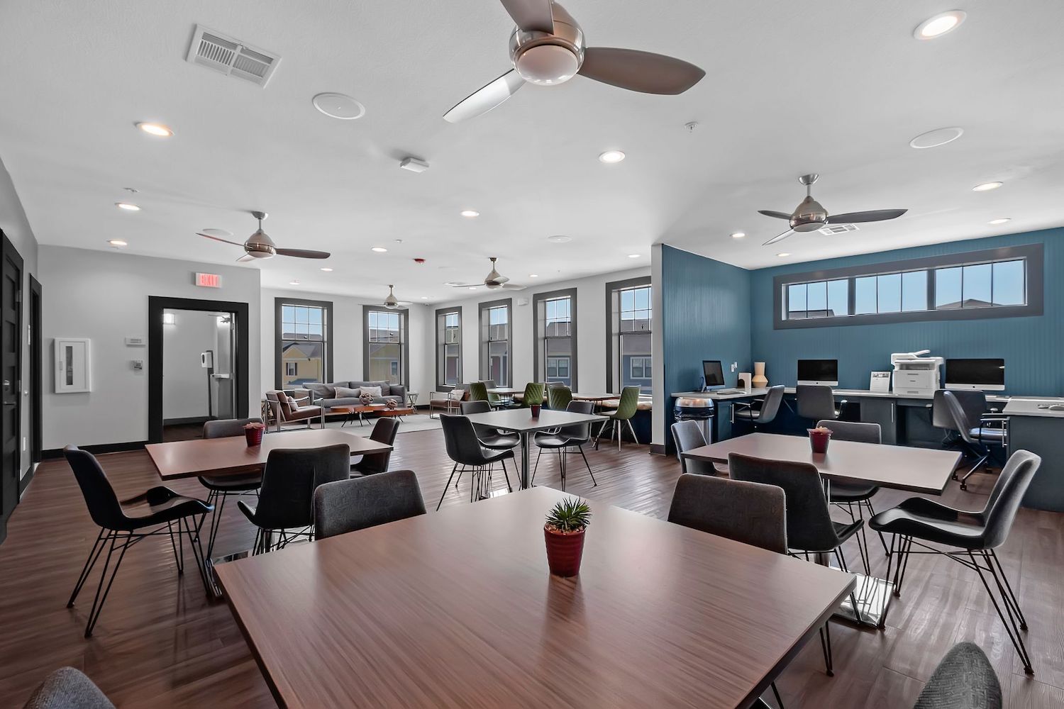 Modern communal workspace with several tables and chairs, computers on desks near a blue accent wall, large windows, ceiling fans, and wood flooring. Ideal for Tamu off campus housing residents, with small plants adding a fresh touch to the vibrant setting.
