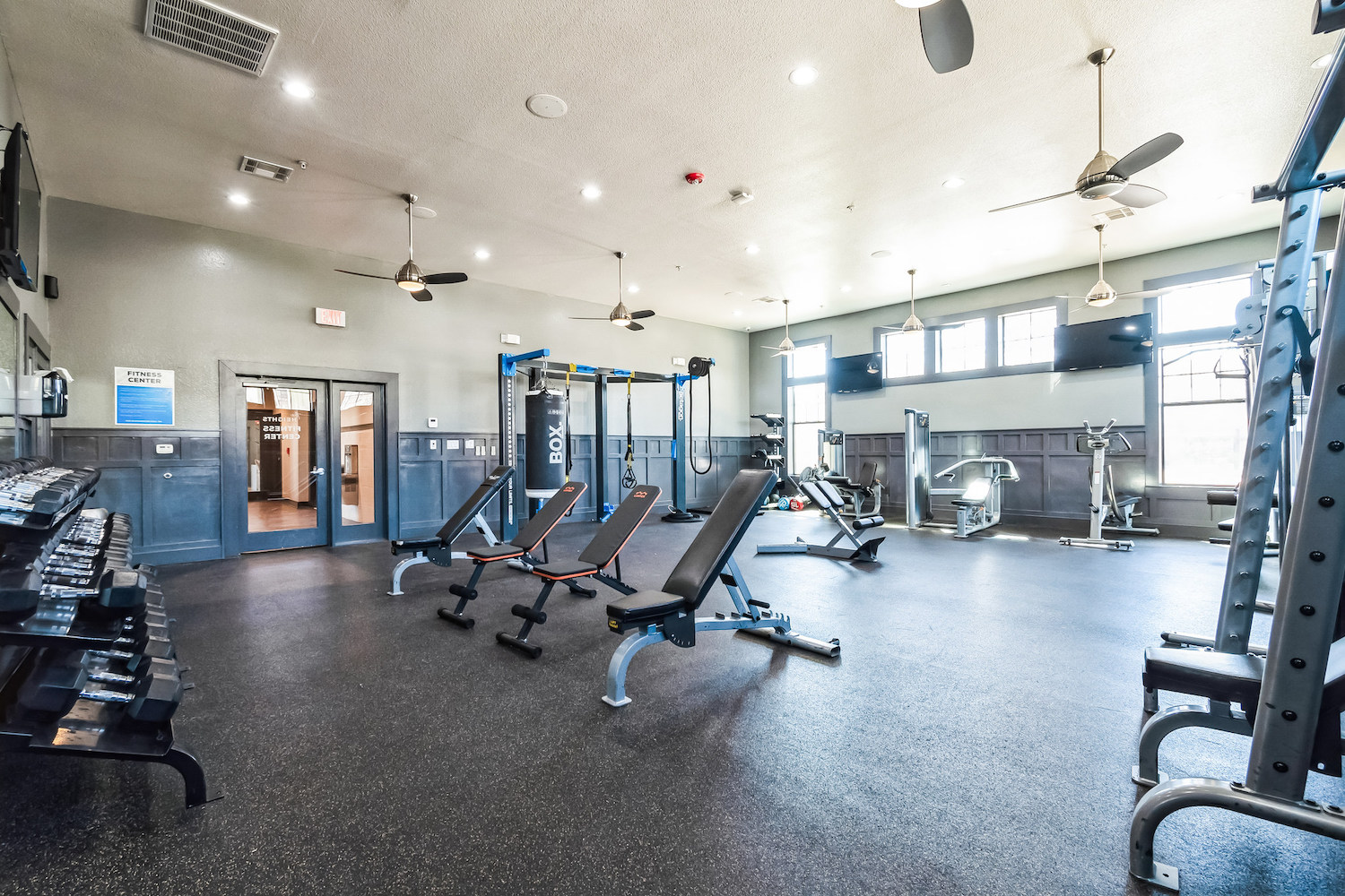 Spacious gym in tamu off campus housing with free weights, weight benches, resistance machines, and cardio equipment. Large windows let in natural light while ceiling fans cool the workout area. Rubber flooring and gray walls complete the space.
