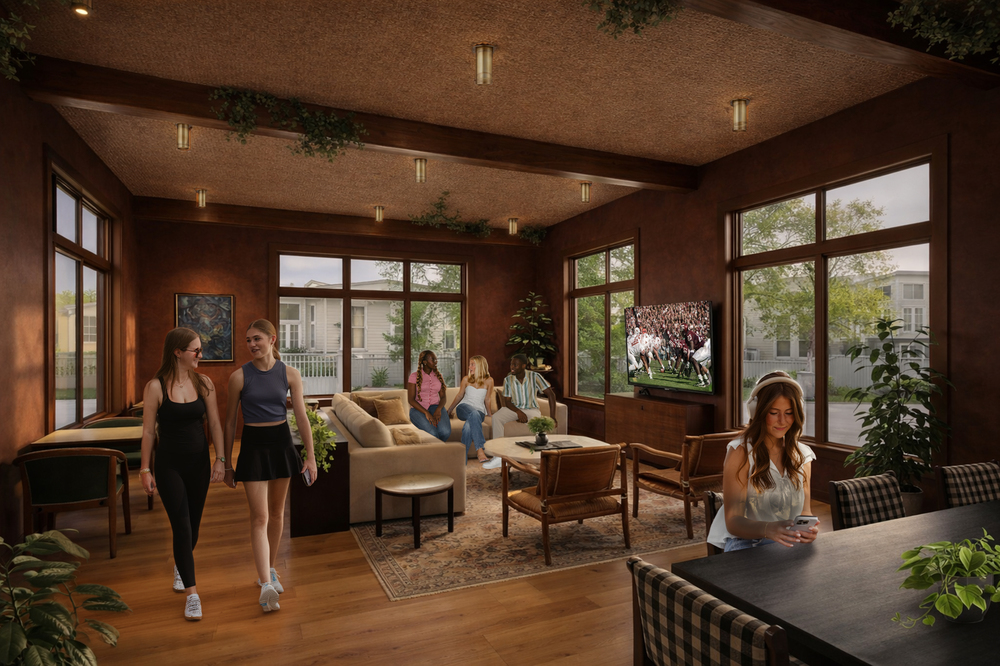 Rendering of a student housing club room with lounge seating, communal tables and residents spending time together in a warm, social space.
