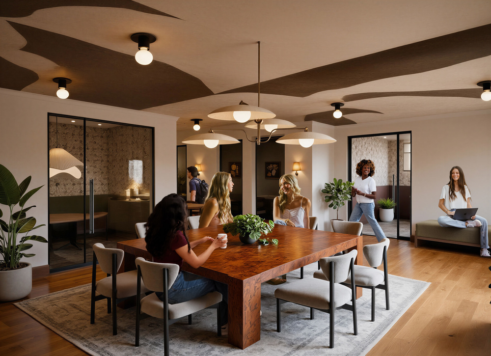 Rendering of a student housing coworking space with a large communal table, lounge seating, private study rooms and residents studying and connecting.