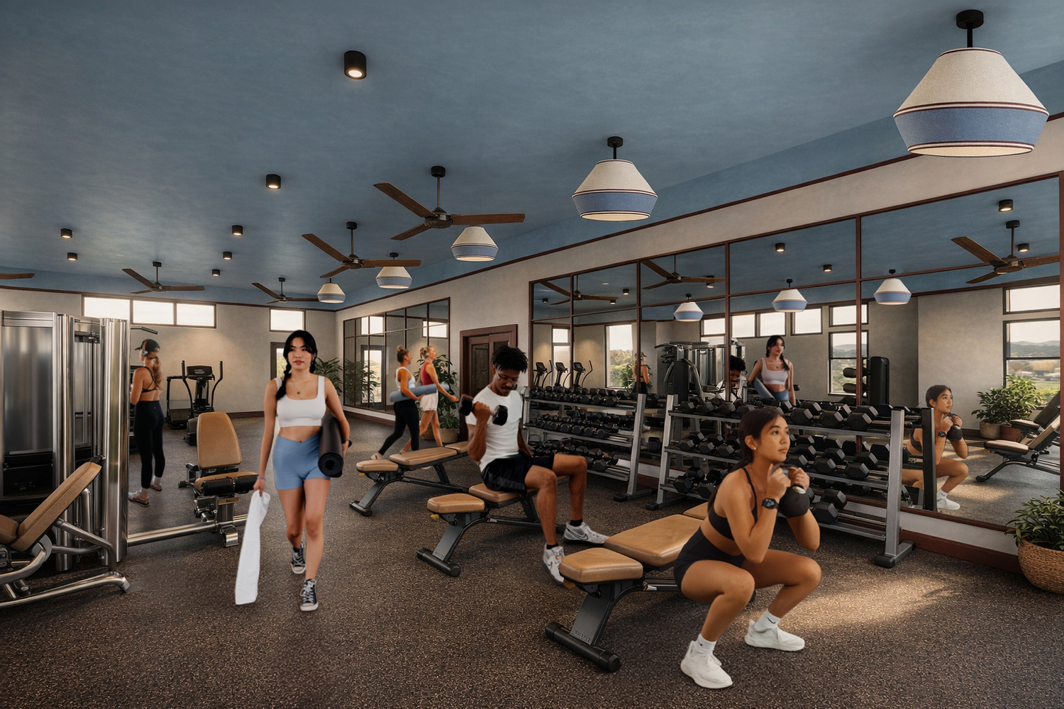 Rendering of a student housing fitness center with residents using free weights and strength equipment in a bright, modern space.
