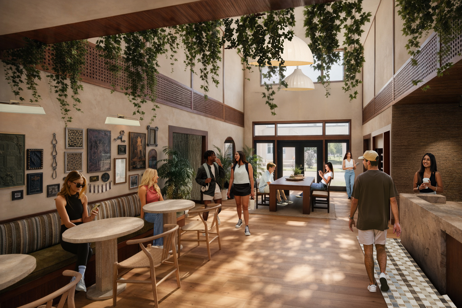 Rendering of a bright, modern student housing lobby at The Heights College Station with café seating, communal tables, natural wood finishes and hanging greenery as residents study and gather.