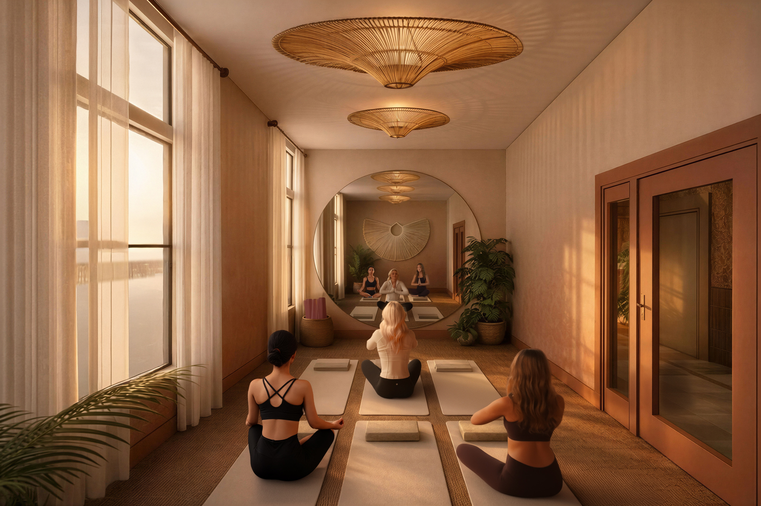 Rendering of a student housing yoga studio with residents practicing yoga in a calm, sunlit wellness space.