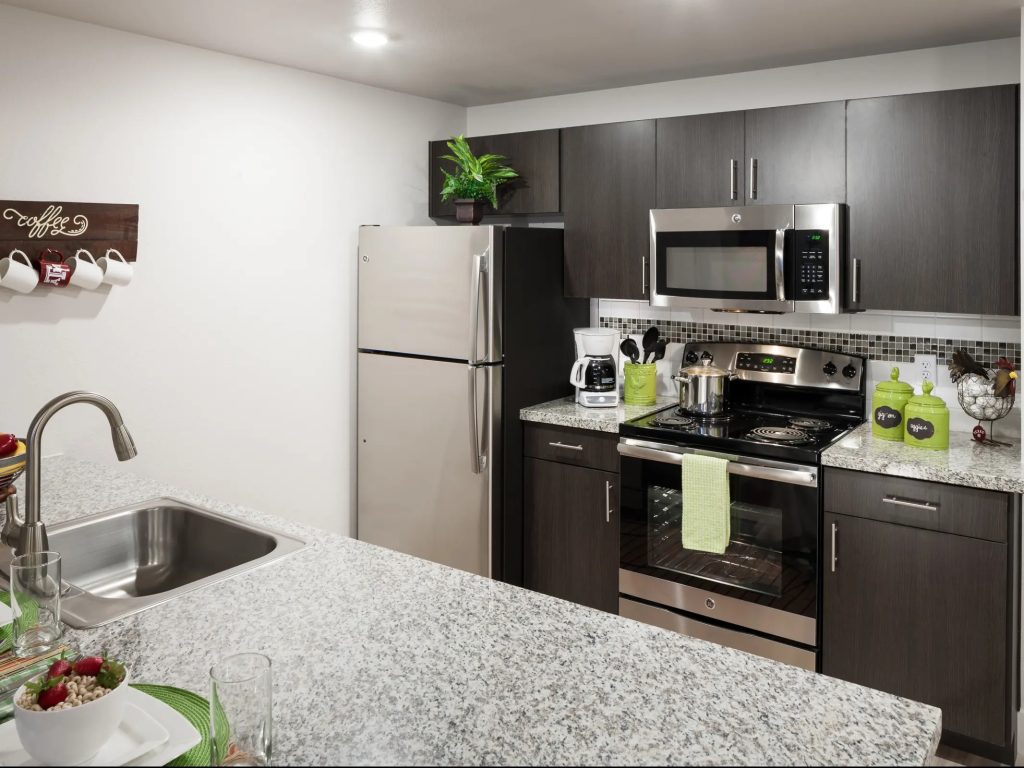 Modern kitchen with stainless steel appliances, dark cabinets, granite countertops, and a sink in the foreground. A green towel and kitchen accessories add a touch of color.
