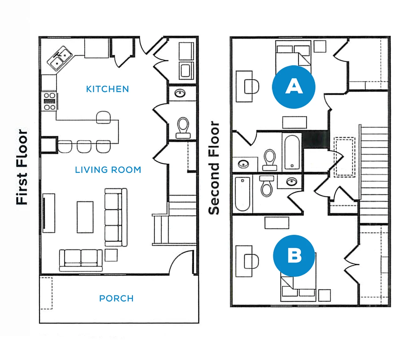 Floorplan diagram of The Brazos two-bedroom apartment at The Heights College Station near Texas A&M.