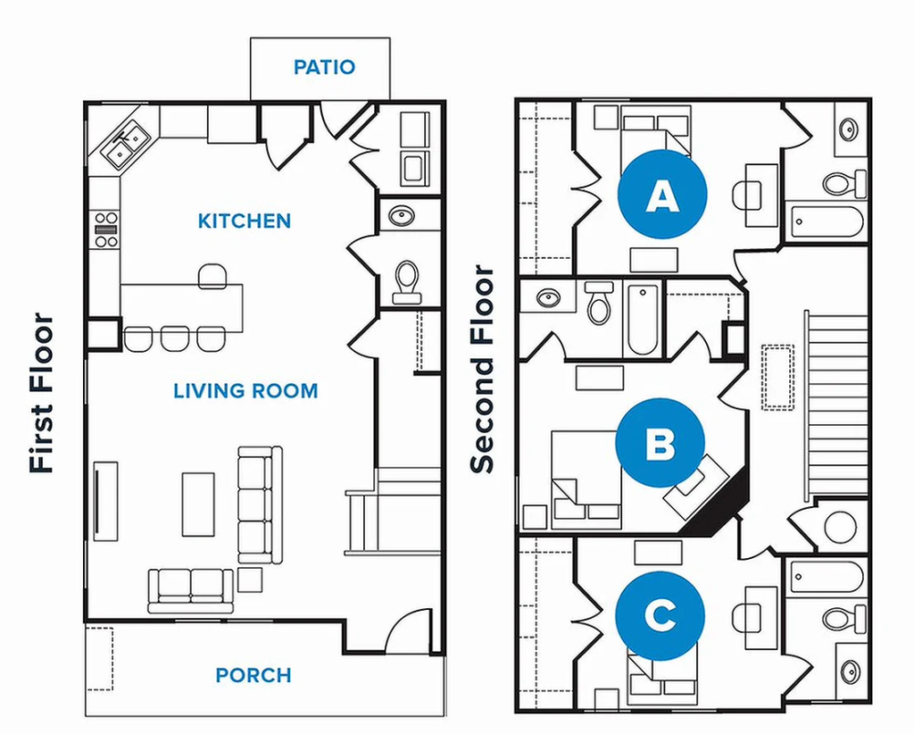 Floorplan diagram of The Cedar three-bedroom apartment at The Heights College Station near Texas A&M.