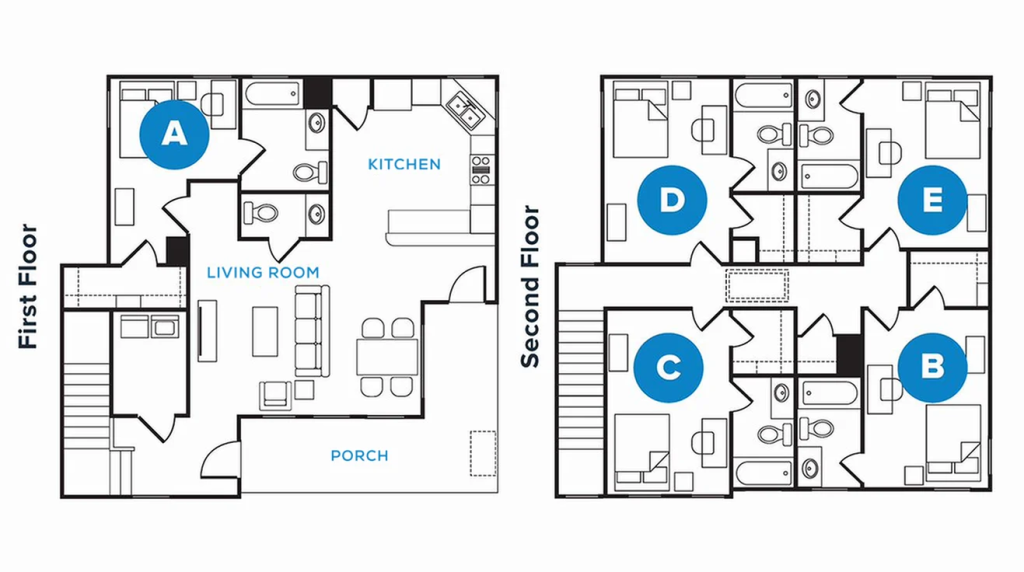 Floorplan diagram of The Century, a five-bedroom apartment at The Heights College Station near Texas A&M.