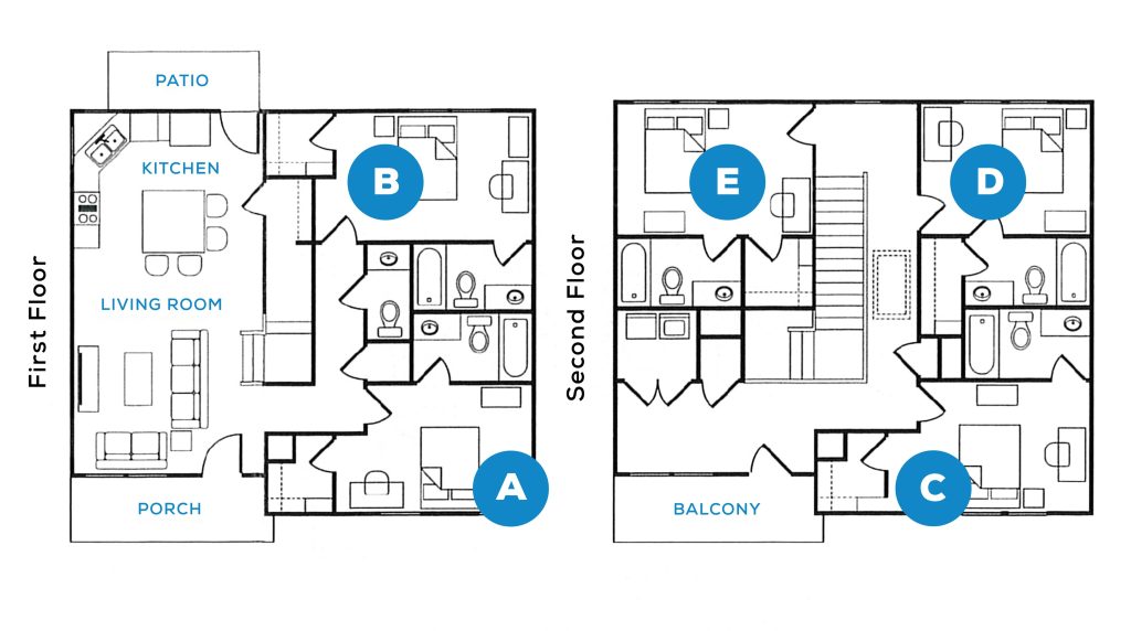 Floorplan diagram of The Howdy, a five-bedroom apartment at The Heights College Station near Texas A&M.