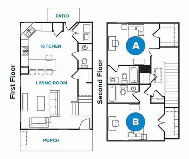 Floorplan diagram of The Rev two-bedroom apartment at The Heights College Station near Texas A&M.