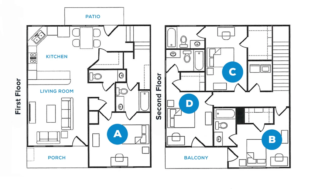 Floorplan diagram of The Spirit, a four-bedroom apartment at The Heights College Station near Texas A&M.