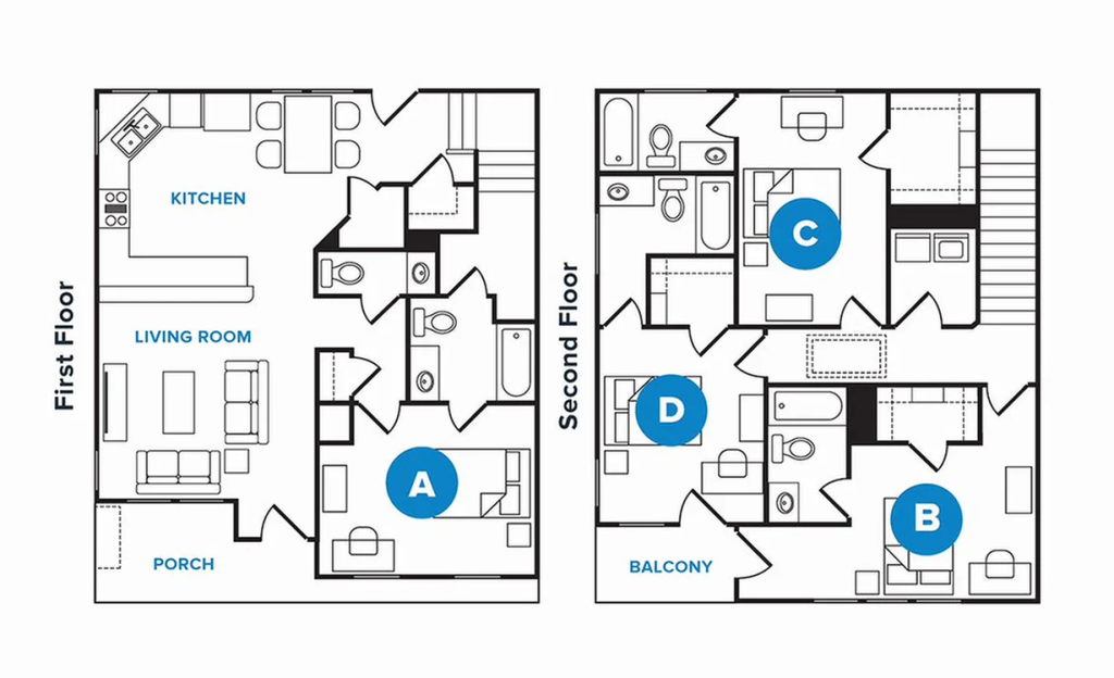 Floorplan diagram of The Tradition, a four-bedroom apartment at The Heights College Station near Texas A&M.